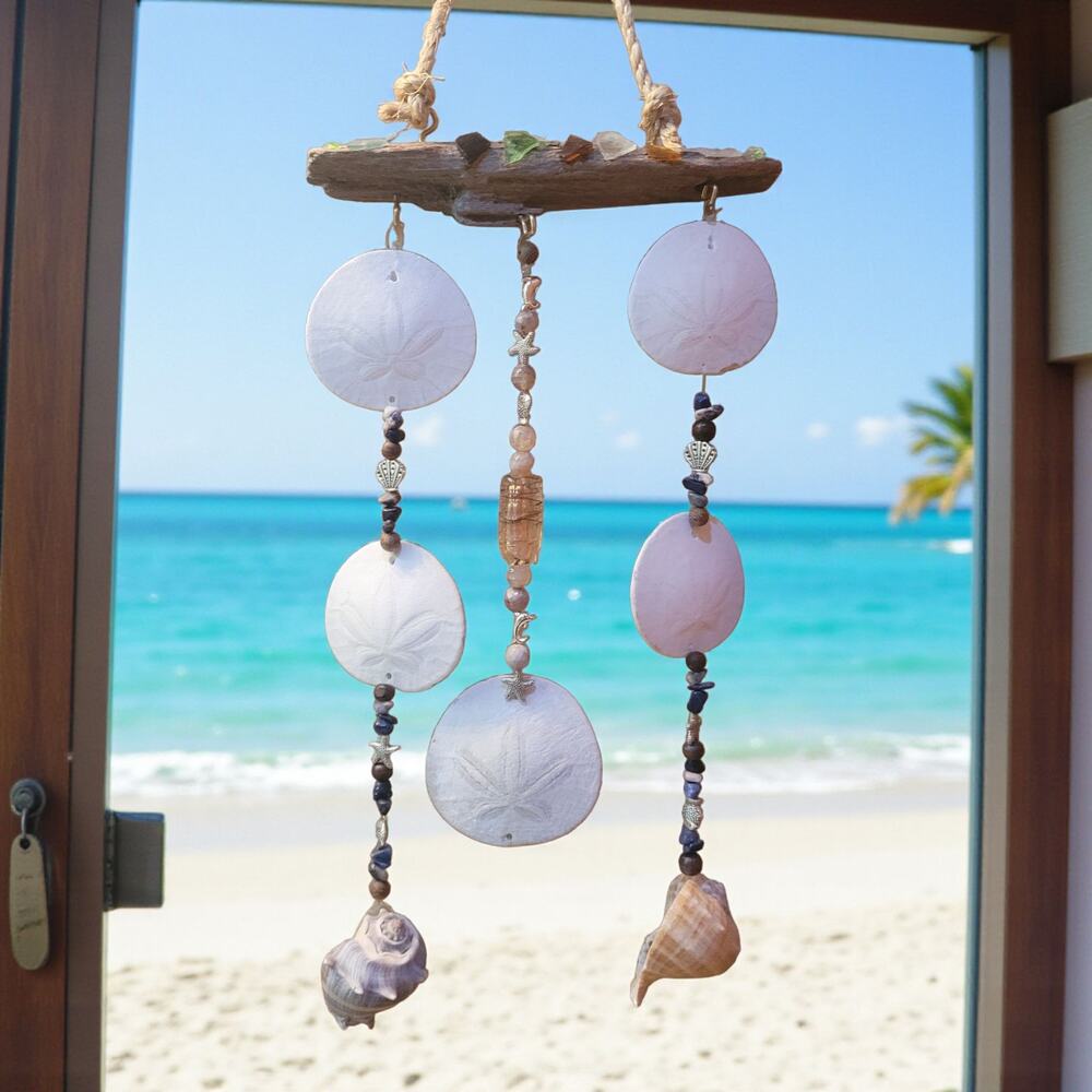 Coastal Wind Chime/Mobile Natural Driftwood, Sea Glass, Sand Dollars Handmade